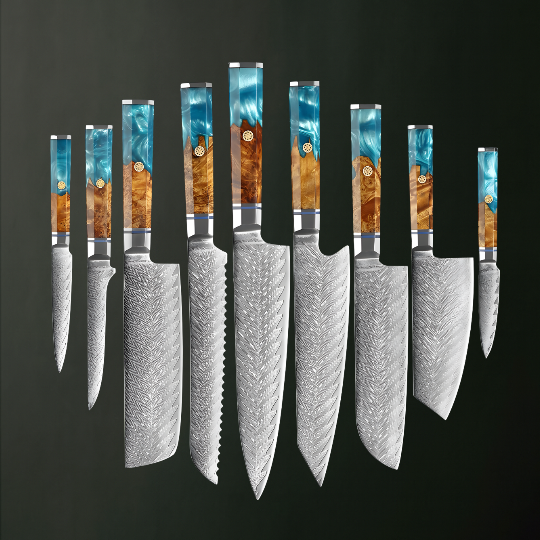 Shinrai 9 Piece Set - 67 Layer Japanese Damascus with Burlwood + Acrylic