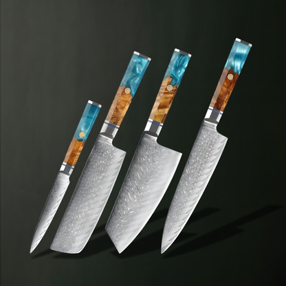 Shinrai 4 Piece Set - 67 Layer Japanese Damascus with Burlwood + Acrylic