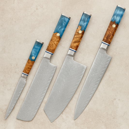 Shinrai 4 Piece Set - 67 Layer Japanese Damascus with Burlwood + Acrylic