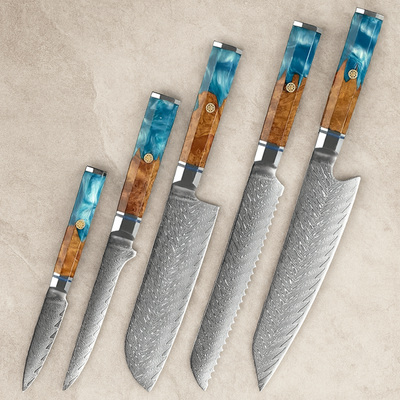 Shinrai 5 Piece Set - 67 Layer Japanese Damascus with Burlwood + Acrylic