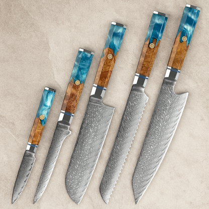 Shinrai 5 Piece Set - 67 Layer Japanese Damascus with Burlwood + Acrylic