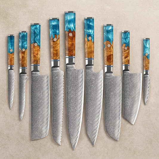 Shinrai 9 Piece Set - 67 Layer Japanese Damascus with Burlwood + Acrylic