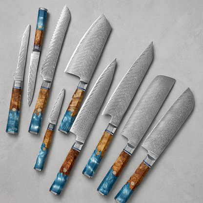 Shinrai 9 Piece Set - 67 Layer Japanese Damascus with Burlwood + Acrylic