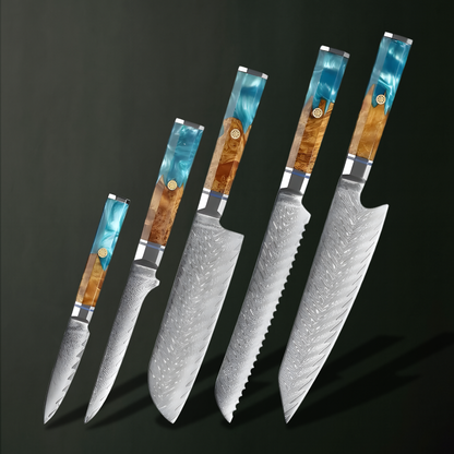 Shinrai 5 Piece Set - 67 Layer Japanese Damascus with Burlwood + Acrylic